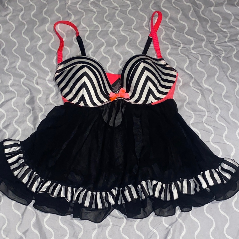 Victoria's Secret Black and White Striped Chemise with Pink Accents